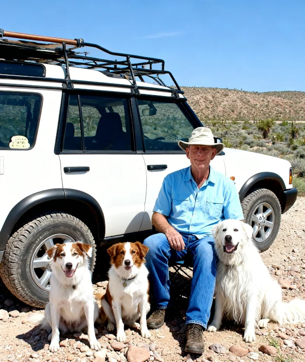 Will Thomas in Las Vegas sitting with dogs and Landrover